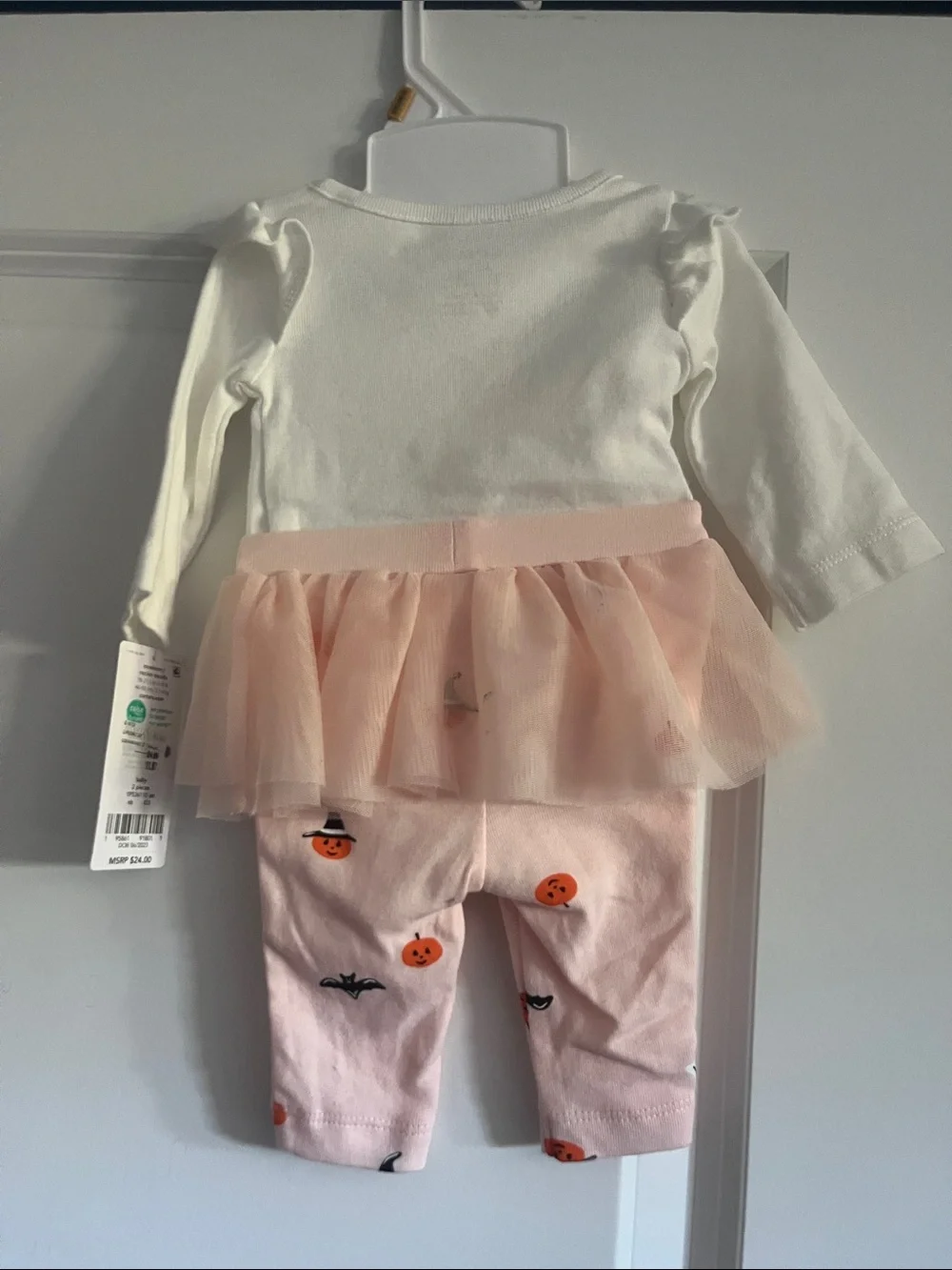Newborn White & Pink Halloween Tulle Dress and Pumpkin Leggings Set - Picture 2 of 4